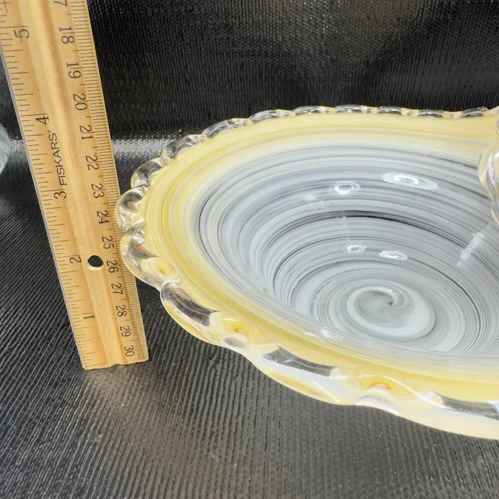 Venetian Art Glass Dish Bowl W Handles Hand Blown Italian Glass Gold White Swirl